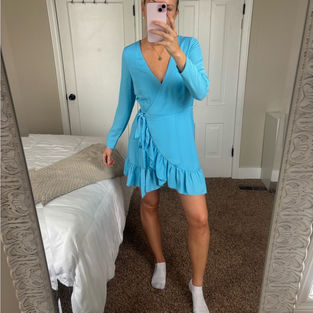 Gianni Bini Sky Blue Wrap Mini Dress with Ruffle Hem